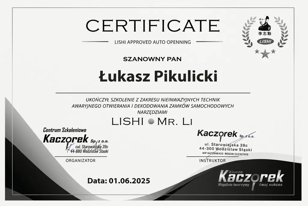 Certyfikat LISHI Approved Auto Opening